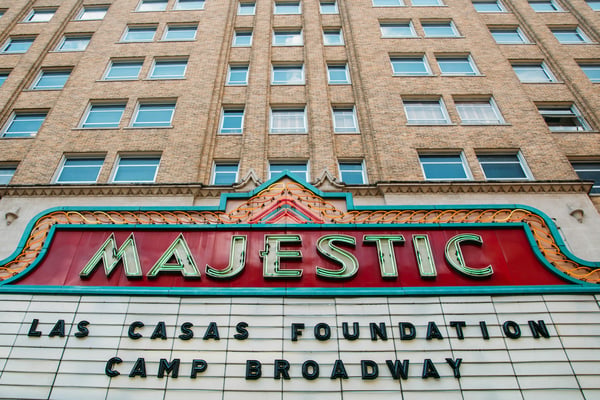Majestic Theatre marquee sign on brick tower exterior