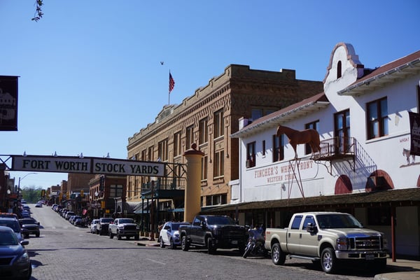 Historic brick storefronts in Fort Worth Stockyards, Texas