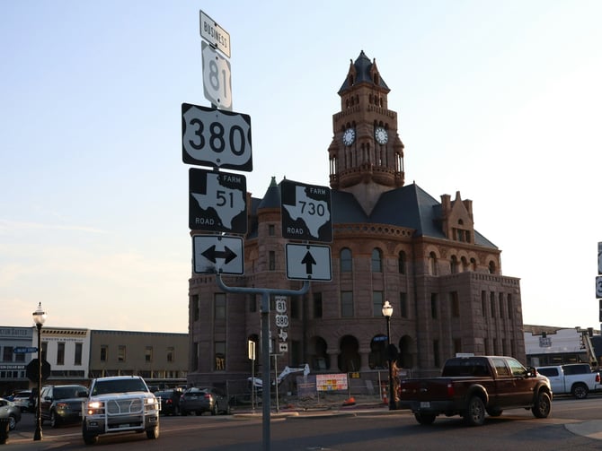 Eastland County Courthouse with road signs under clear blue sky