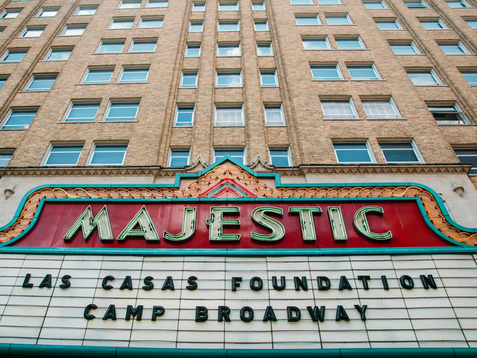 Majestic Theatre marquee sign on brick tower exterior